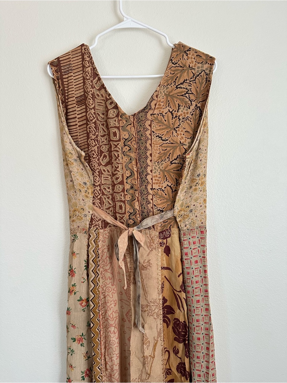 Vintage Y2K Boho Patchwork Embroidered Babydoll Maxi Dress Beige Pink Accent - Picture 3 of 5